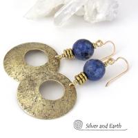 Gold Brass Hoop Earrings with Blue Lapis Gemstones - Modern Chic Jewelry