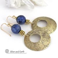 Gold Brass Hoop Earrings with Blue Lapis Gemstones - Modern Chic Jewelry