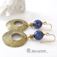 Gold Brass Hoop Earrings with Blue Lapis Gemstones - Modern Chic Jewelry