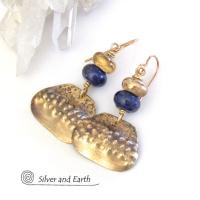 Gold Brass Dangle Earrings with Blue Lapis Stones - Unique Boho Chic Jewelry