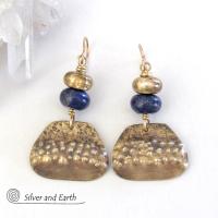 Gold Brass Dangle Earrings with Blue Lapis Stones - Unique Boho Chic Jewelry