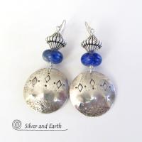 Sterling Silver Tribal Earrings with Blue Lapis Gemstones - Bold Exotic Jewelry