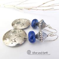 Sterling Silver Tribal Earrings with Blue Lapis Gemstones - Bold Exotic Jewelry