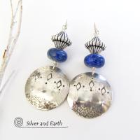 Sterling Silver Tribal Earrings with Blue Lapis Gemstones - Bold Exotic Jewelry