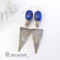 Blue Lapis Sterling Silver Earrings- Bold Edgy Modern Silver Jewelry