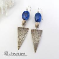 Blue Lapis Sterling Silver Earrings- Bold Edgy Modern Silver Jewelry