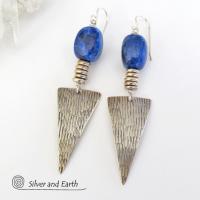 Blue Lapis Sterling Silver Earrings- Bold Edgy Modern Silver Jewelry