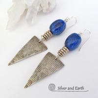 Blue Lapis Sterling Silver Earrings- Bold Edgy Modern Silver Jewelry