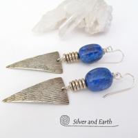 Blue Lapis Sterling Silver Earrings- Bold Edgy Modern Silver Jewelry