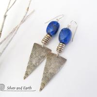 Blue Lapis Sterling Silver Earrings- Bold Edgy Modern Silver Jewelry