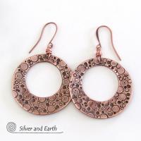 Large Copper Hoop Dangle Earrings with Hand Stamped Texture