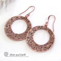 Large Copper Hoop Dangle Earrings with Hand Stamped Texture