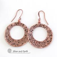 Large Copper Hoop Dangle Earrings with Hand Stamped Texture