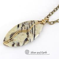 Graphic Feldspar Necklace on Brass Chain - Wire Wrapped Natural Stone Jewelry