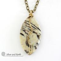 Graphic Feldspar Necklace on Brass Chain - Wire Wrapped Natural Stone Jewelry