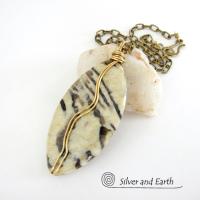 Graphic Feldspar Necklace on Brass Chain - Wire Wrapped Natural Stone Jewelry