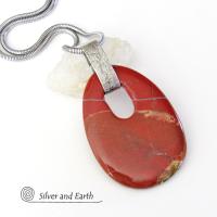 Large Red Jasper Stone Pendant Necklace with Sterling Silver