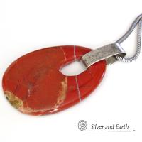 Large Red Jasper Stone Pendant Necklace with Sterling Silver