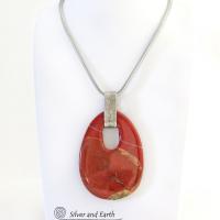 Large Red Jasper Stone Pendant Necklace with Sterling Silver