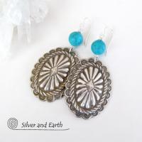 Big Sterling Silver Concho Earrings with Turquoise - Santa Fe Style Jewelry