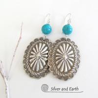 Big Sterling Silver Concho Earrings with Turquoise - Santa Fe Style Jewelry