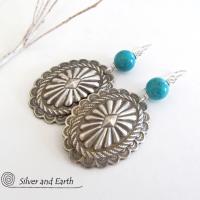 Big Sterling Silver Concho Earrings with Turquoise - Santa Fe Style Jewelry