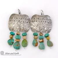 Large Southwest Sterling Silver Earrings with Natural Turquoise Fringe Dangles