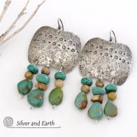Large Southwest Sterling Silver Earrings with Natural Turquoise Fringe Dangles