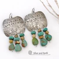 Large Southwest Sterling Silver Earrings with Natural Turquoise Fringe Dangles