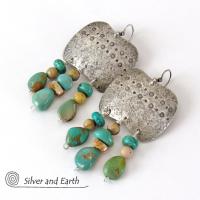 Large Southwest Sterling Silver Earrings with Natural Turquoise Fringe Dangles
