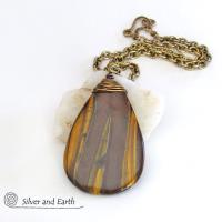 Large Tiger's Eye Gemstone Pendant Necklace- Earthy Natural Stone Jewelry