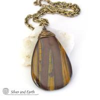 Large Tiger's Eye Gemstone Pendant Necklace- Earthy Natural Stone Jewelry