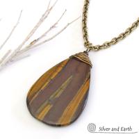 Large Tiger's Eye Gemstone Pendant Necklace- Earthy Natural Stone Jewelry