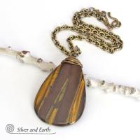 Large Tiger's Eye Gemstone Pendant Necklace- Earthy Natural Stone Jewelry