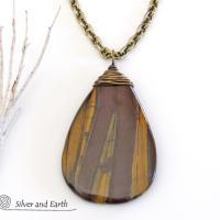 Large Tiger's Eye Gemstone Pendant Necklace- Earthy Natural Stone Jewelry