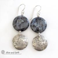 Larvikite Gemstone Sterling Silver Earrings - Norwegian Moonstone Jewelry