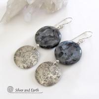 Larvikite Gemstone Sterling Silver Earrings - Norwegian Moonstone Jewelry