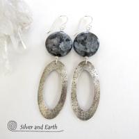 Larvikite Sterling Silver Hoop Dangle Earrings - Norwegian Moonstone Jewelry