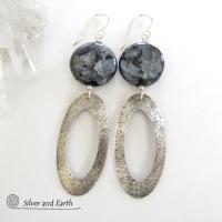 Larvikite Sterling Silver Hoop Dangle Earrings - Norwegian Moonstone Jewelry