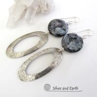 Larvikite Sterling Silver Hoop Dangle Earrings - Norwegian Moonstone Jewelry