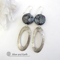 Larvikite Sterling Silver Hoop Dangle Earrings - Norwegian Moonstone Jewelry