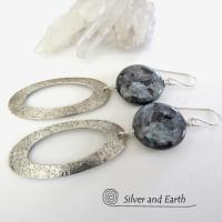 Larvikite Sterling Silver Hoop Dangle Earrings - Norwegian Moonstone Jewelry