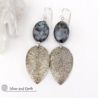 Sterling Silver Dangle Earrings with Natural Larvikite Gemstones