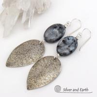 Sterling Silver Dangle Earrings with Natural Larvikite Gemstones