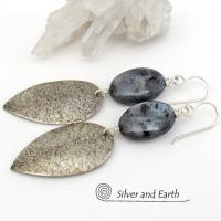 Sterling Silver Dangle Earrings with Natural Larvikite Gemstones
