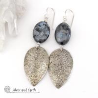 Sterling Silver Dangle Earrings with Natural Larvikite Gemstones