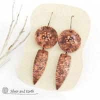 Rustic Earthy Long Copper Dangle Earrings - Hand Forged Metal Jewelry