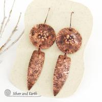 Rustic Earthy Long Copper Dangle Earrings - Hand Forged Metal Jewelry