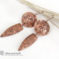 Rustic Earthy Long Copper Dangle Earrings - Hand Forged Metal Jewelry