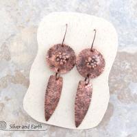 Rustic Earthy Long Copper Dangle Earrings - Hand Forged Metal Jewelry